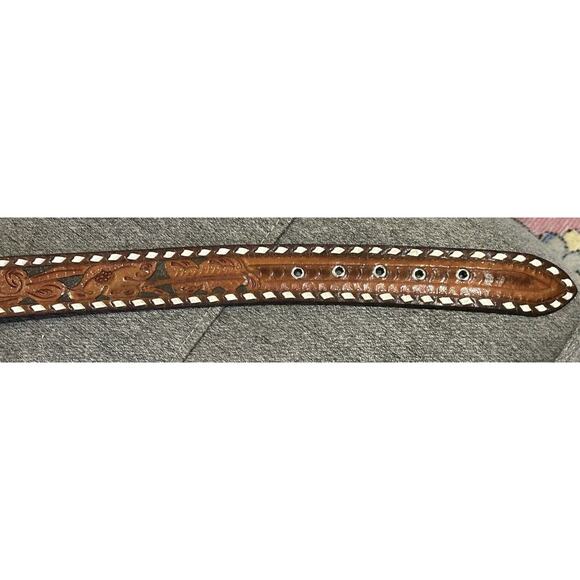 Vintage Tooled Stitched Western Cowboy Leather Belt - Picture 7 of 12